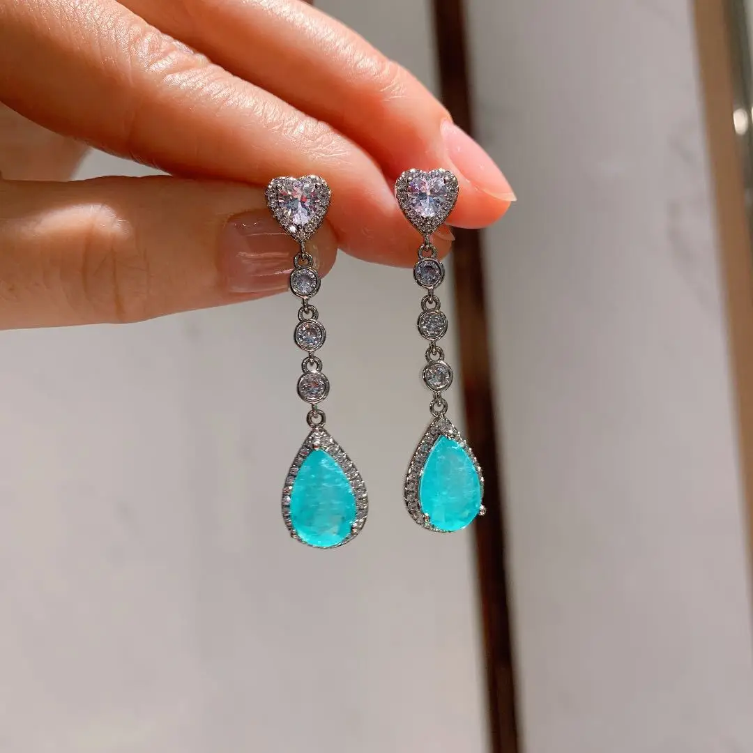 

Summer Charm Jewelry Retro Style Jewelry Set S925 Silver Needle Diamond Color Treasure Earring Pendant Paraiba Earrings Women's