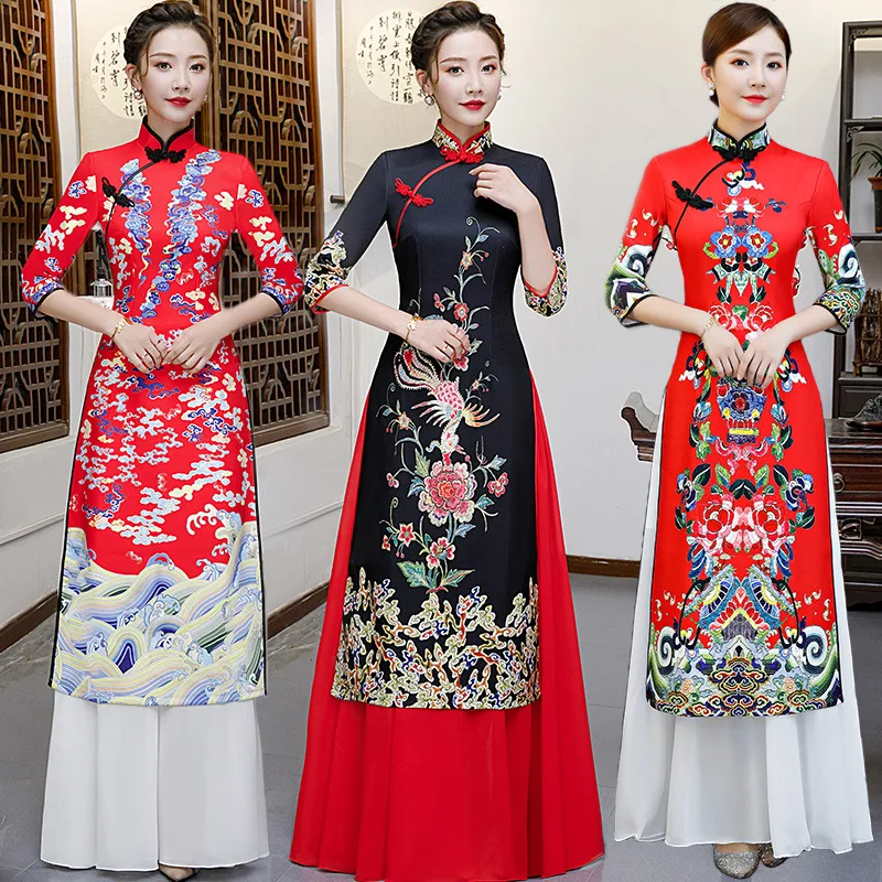

Элегантные женские с принтом короткий рукав Qipao классический воротник стойка Cheongsam производительность Vestidos Размеры S-5XL