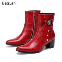 batzuzhi new men boots 7cm high heels genuine leather boots men blackred knight botas hombre for partywedding big size 38 46