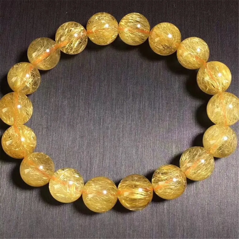 

10mm Natural Brazil Gold Rutilated Bracelet Jewelry For Woman Man Crystal Titanium Round Beads Stone Stretch AAAAA Certificate
