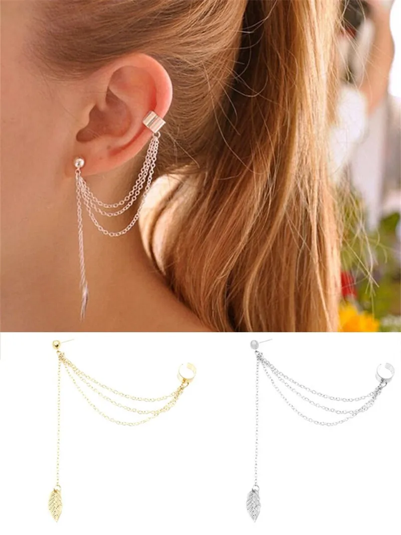 Женские серьги подвески в стиле панк рок длинные кисточки с цепочкой и листьями