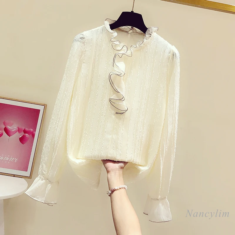 

Ruffles Collar Blouse Women Spring Autumn New Korean Style Elegant Lotus Leaf Long Sleeve Shirt Ladies Casual Elegant Top