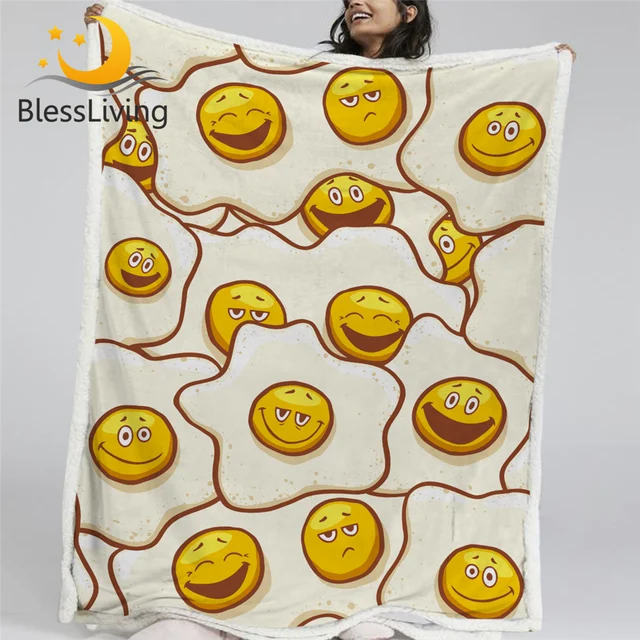 BlessLiving Cartoon Sherpa Blanket Kawaii Cute Fried Eggs Furry Blanket Smiley Faces Kids Bedding Yellow Throw Blanket 150x200cm 1