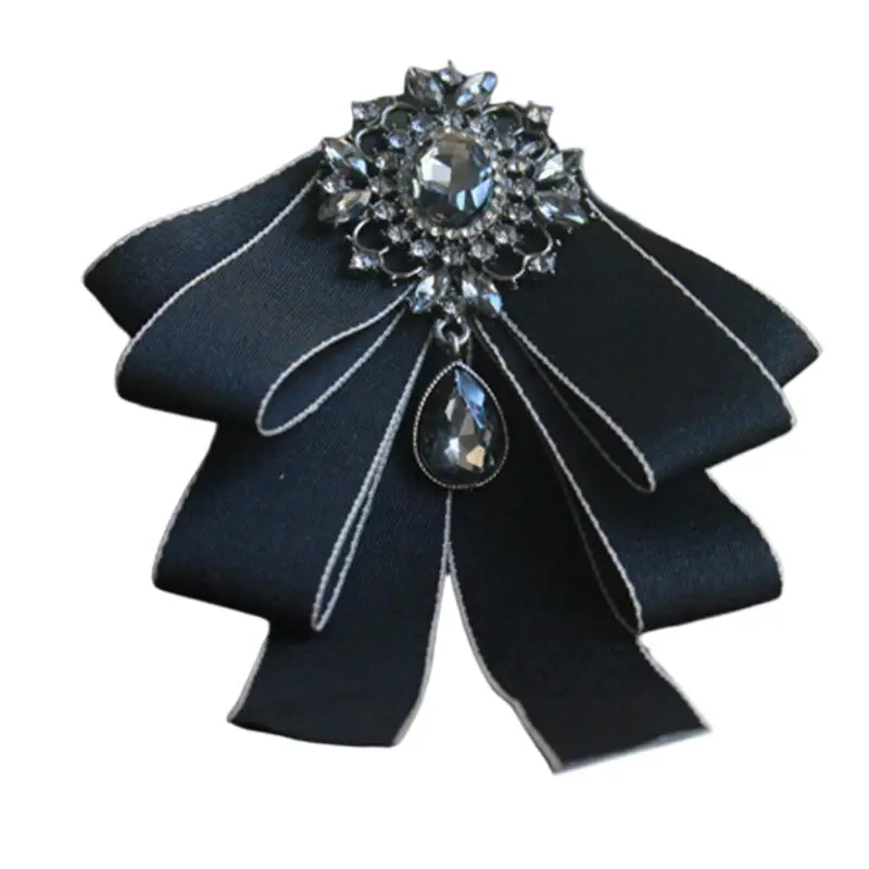 

Men Wedding Ribbon Neck Tie Faux Crystal Rhinestone Drop Bowtie Brooch Pin Badge