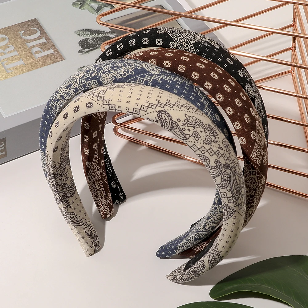

Fashion Design Retro Print Luxury Ethnic Bohemian Fabric Headband Sponge Wide-sided Scrunchies Hair Bands For Women Girls
