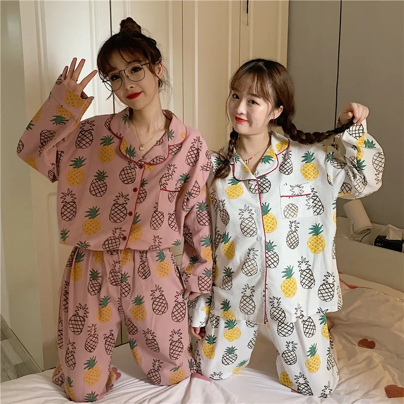 

XIFER Autumn and Winter Brushed Cotton Pajamas Women Printed Pineapple Loose Long-sleeved Home wear Suit