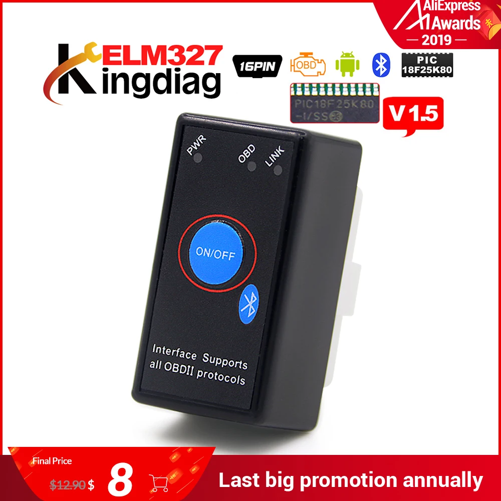 Obd2 elm327 V1.5 PIC18F25K80 чип-код диагностический сканер для Android Torque ELM 327 OBDII адаптер V 1,5