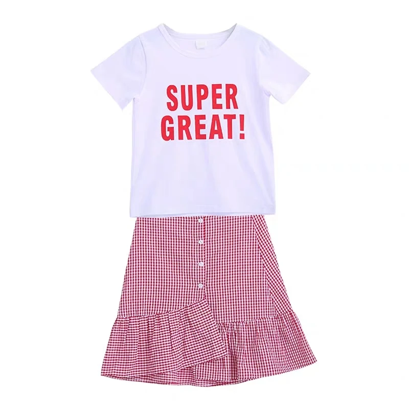 Комплект летней хлопковой одежды для девочек клетчатые юбки + футболки с принтом