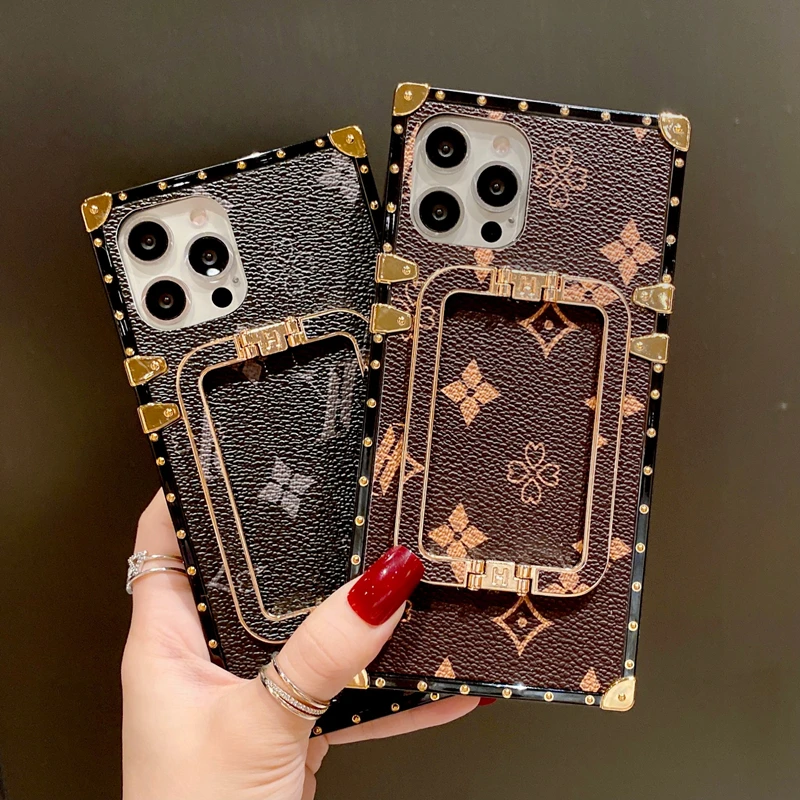 

Fashion Geometric Square Leather Holder Phone Case For Samsung S21 Ultra S30 S8 S10 A70 Note 10 Vintage Flower Stand Soft Cover