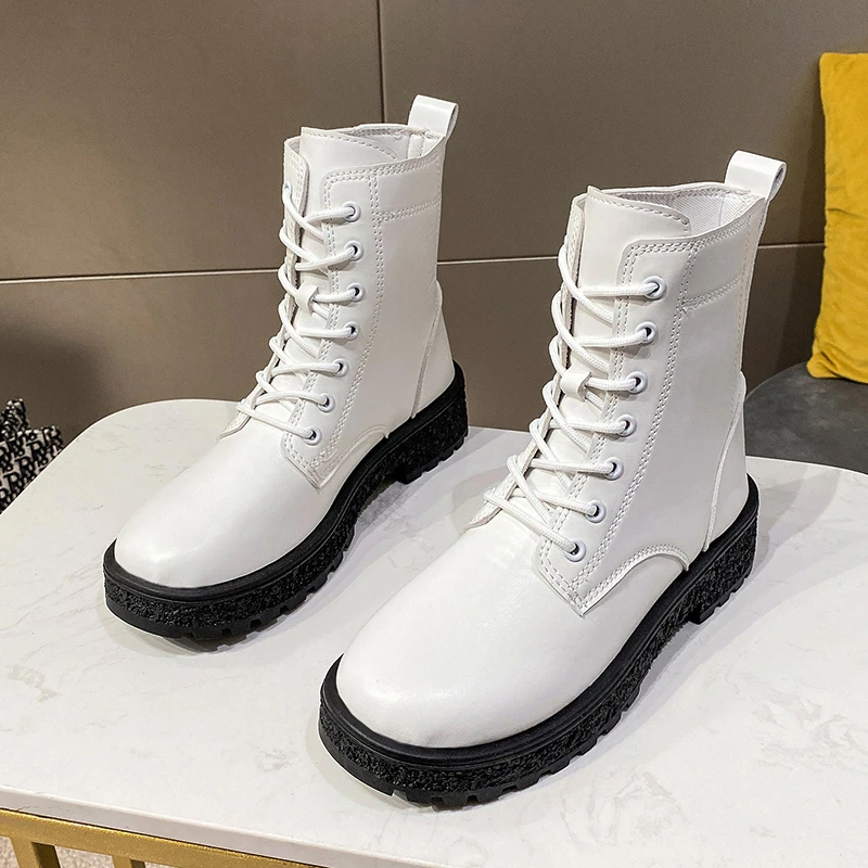

Martin Boots Female British Style 2021 New Autumn and Winter Solid Color Single Boots Thick-soled Lace-up Flat Short Boots
