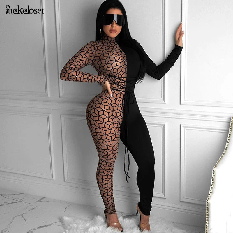 

Street Style Plaid Up Lace Up Mock Neck Neck Long Jumpsuits Women Long Sleeve Fashion Skinny Bodycon Jumpsuit