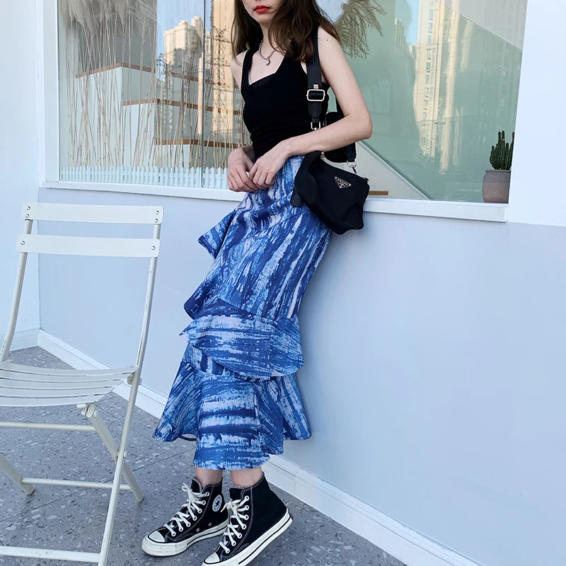 

2021 Summer High Waist Irregular Skirt Female Mid-length Korean Version All-match Thin Retro Tie-Dye Side Split A-line Skirt