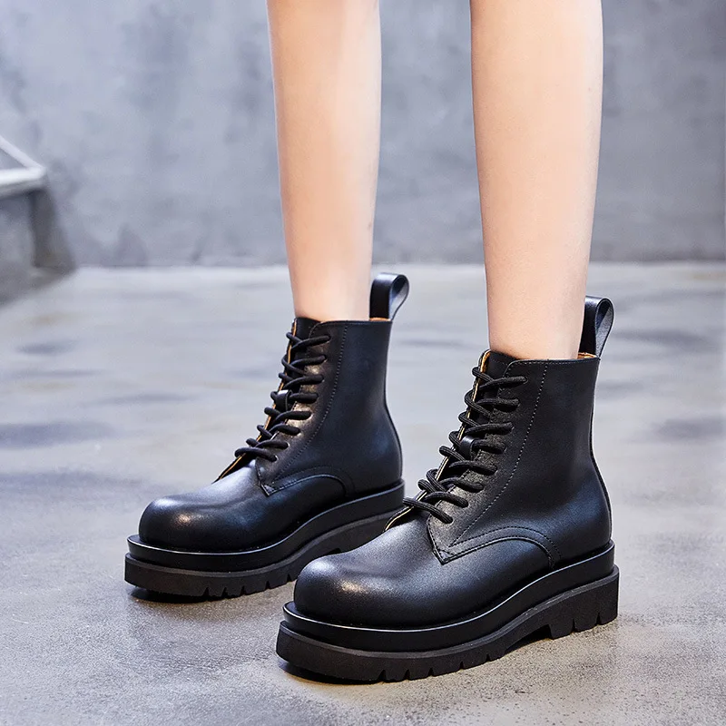 Boots Female Women Shoes Ankle 2020 Winter Autumn British Wind Genuine Leather Thick with Short Boots Motorcycle  Shoes Black