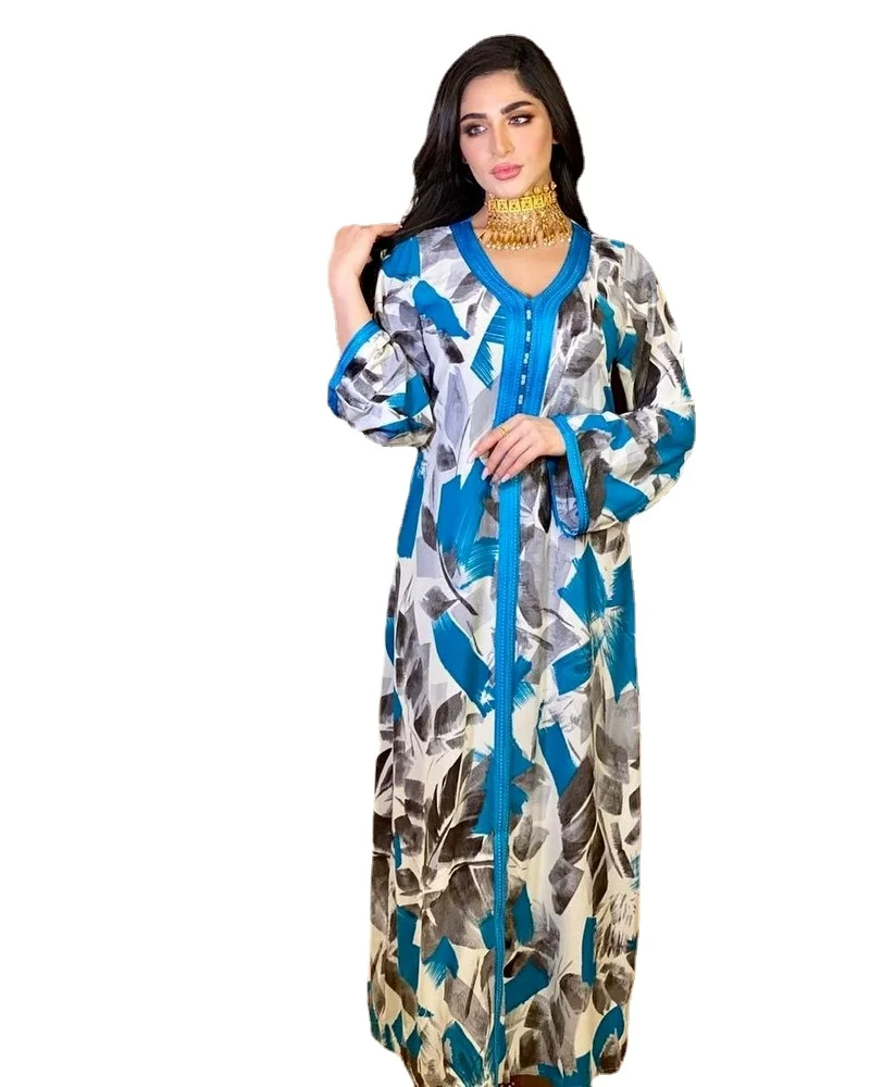 

Ink Printing Ethnic Abaya Dress for Women Dubai V-Neck Long Sleeve Muslim Middle Eastern Turkey Arabic Robe Islamic Clothes 2021