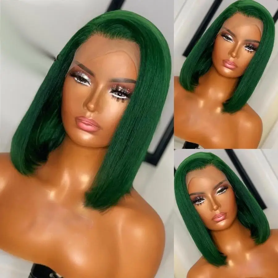 Green Human Hair Brazilian Bob Wig 13X4 Front Lace Straight Remy Human Hair Wigs Straight Green Color Lace Front Wig