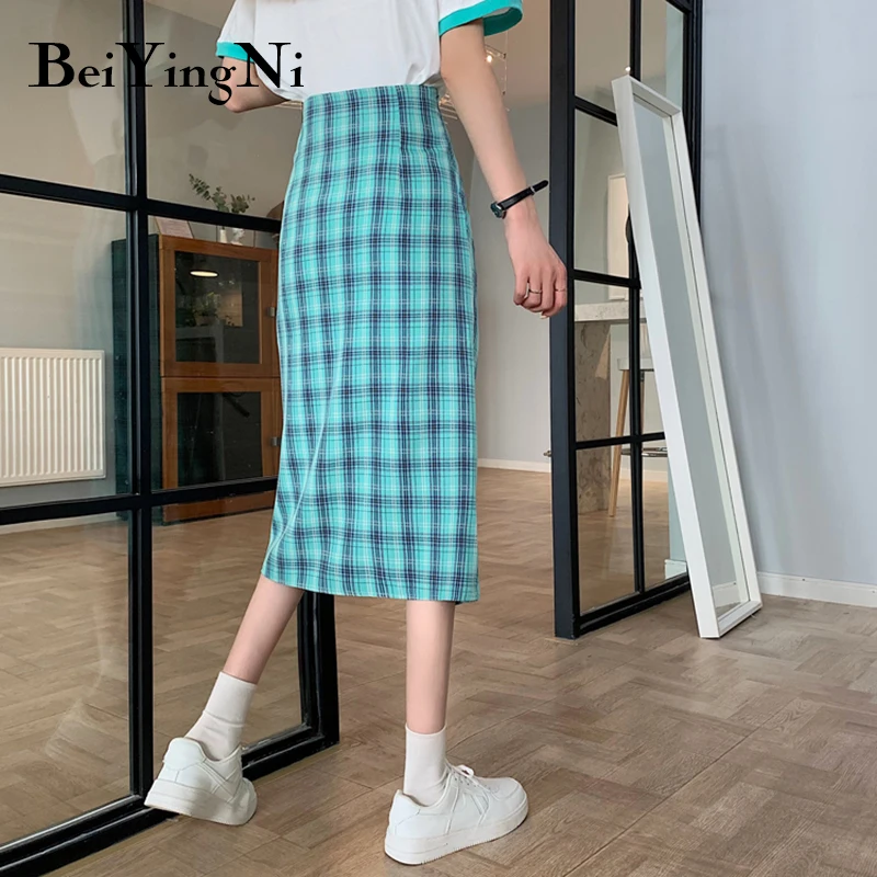 

Beiyingni Drawstring Split High Waist Sweet Plaid Skirts Womens College Style Korean Slim Harajuku SKirts Woman All-match Saias