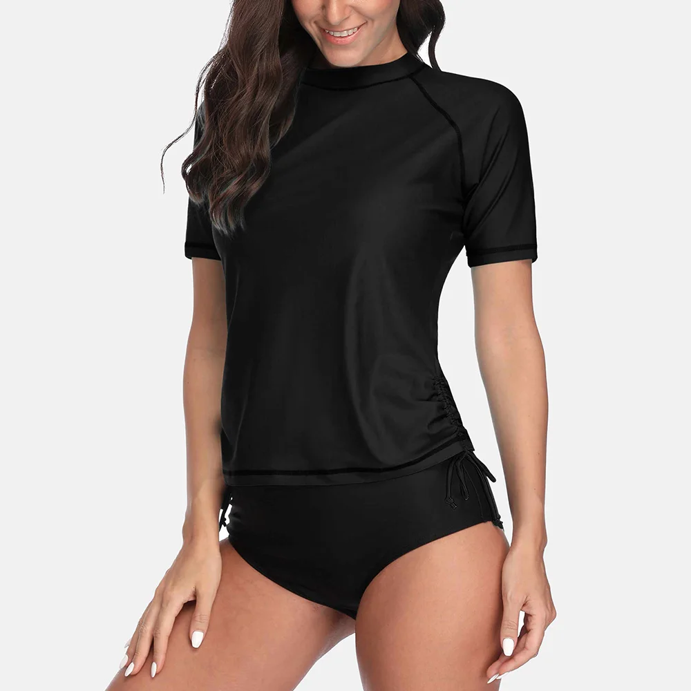 Attraco Swimsuit Swimwear Rash Guard Women Short Sleeve Shirts Rashguard Top Side Bandaged Surf Top Diving Shirt UPF 50+