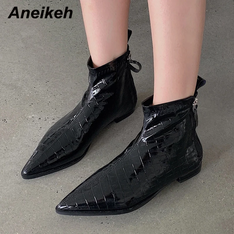 

Женские осенние высокие ботинки Aneikeh с изысканной текстурой с острым носком, модная короткая обувь на платформе, Глянцевые ботинки на квадр...