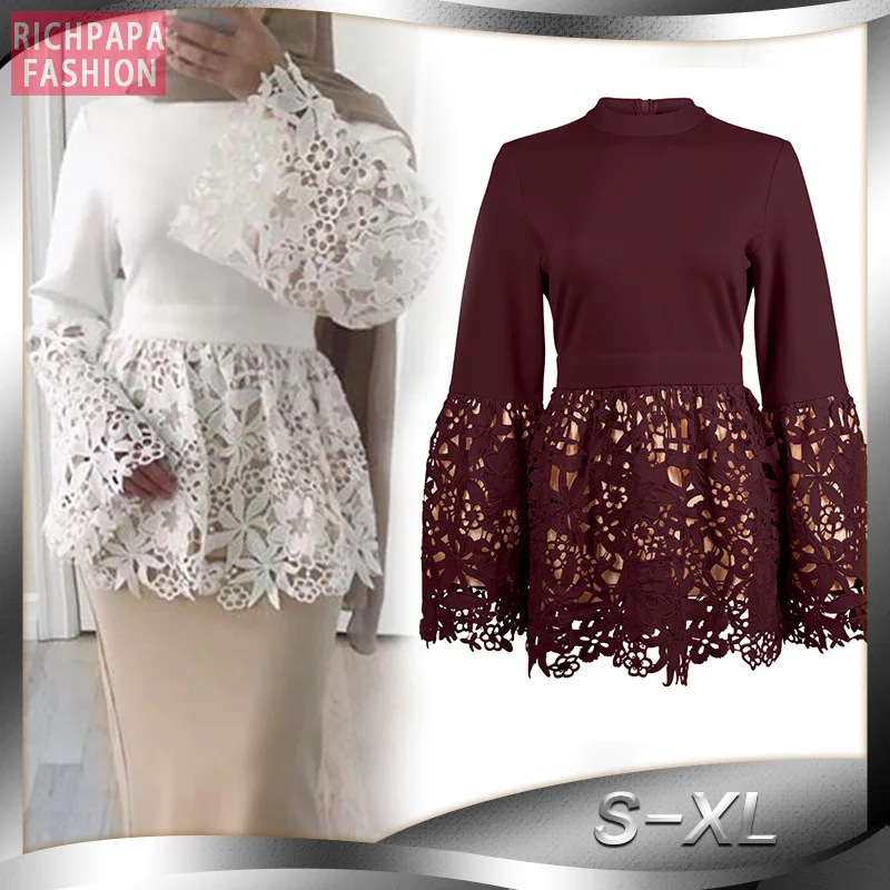 Abaya Dubai Turkey Arabic Lace Top Muslim Long Tops Qatar UAE Oman Abayas Women Ropa Musulmana Mujer Turkish Islamic Clothing |