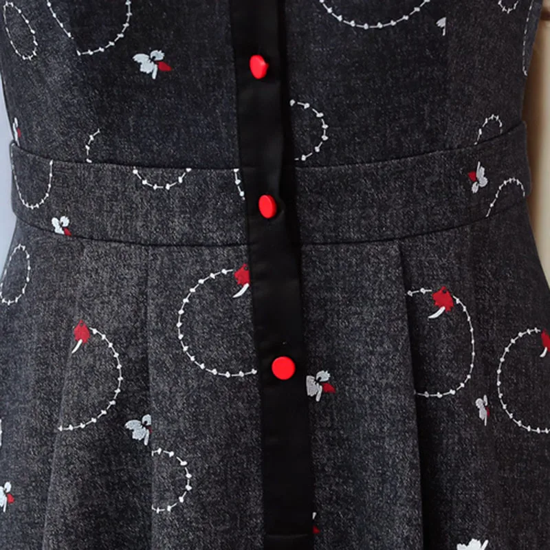 

2020 Autumn Winter Fashion Black Elegent Womne's Dress Vintage Hepburn Style Pleated Dress Red Button Print Mid Dresses Robes