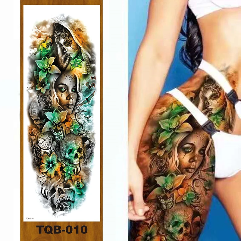 Men And Women Temporary Tattoo Waterproof Stickers, Large Full Arm Tattoos, Skeletons, Moonlight, Roses, False Tattoos.