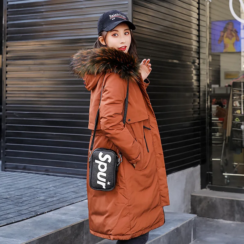 

Fashion Women Reversible Slim Down Jacket Hooded With Fur Thickened Warm Large Pocket Long Coat Black Plus Size Femme Outwear