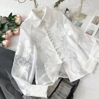 new spring women elegant pearl button embroidered floral shirt white blouse female lady single breasted long sleeve blouse tops