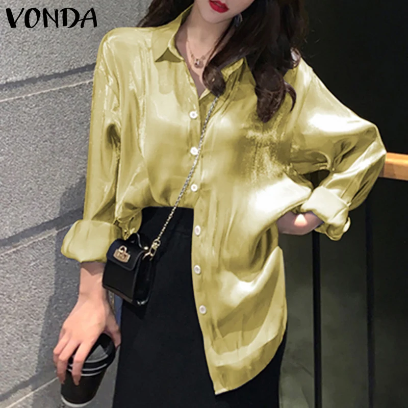 

Women Blouse 2022 VONDA Vintage Solid Color Long Sleeve Tops Vintage Lapel Collar Party Blouse Blusas Femininas Oversized