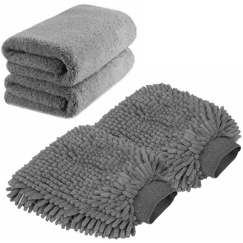 

Large Size Car Wash Mitt - Premium Chenille Microfiber Wash Glove and Microfiber Towels - Lint Free - Scratch Free (2X Towels +