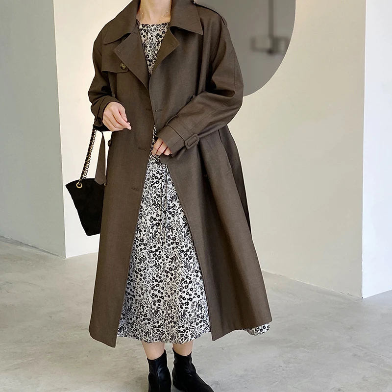 

Casual Women Double Breasted Long Trench Coat Female Turn Down Collar Belted Loose Coat Windbreaker Outwear for Spring Autumn