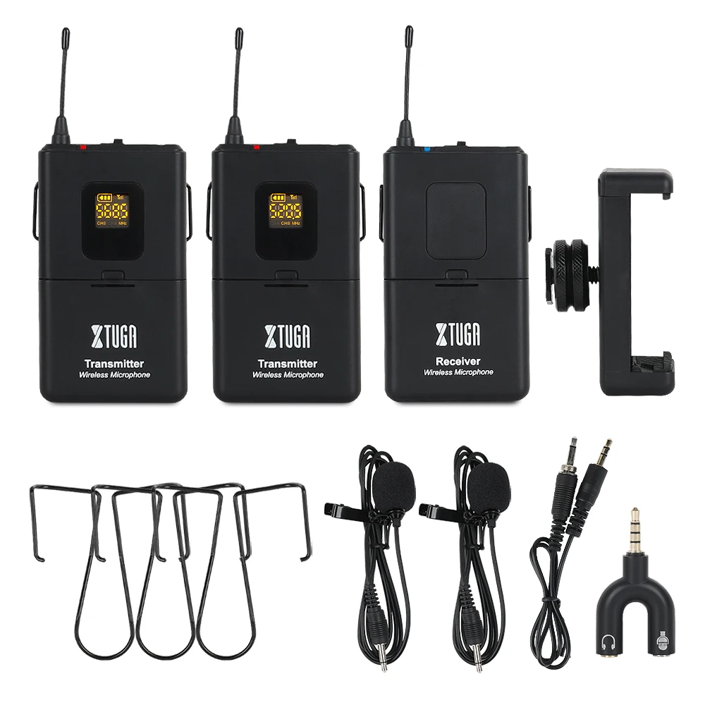 

XTUGA Dual UHF Wireless Lavalier Microphone Camera Microphone UHF Lapel Mic with 30 Channels for DSLR Camera,Camcorders