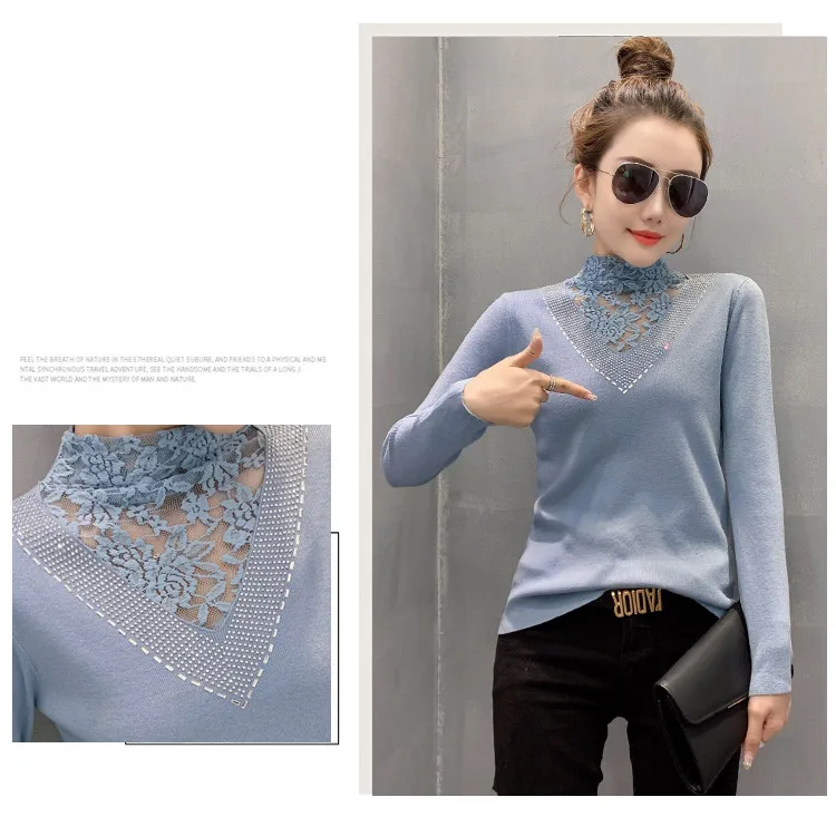 

Fall Winter 2021 White Sweater Women Mock Neck Lace Embroidery Diamonds Pullover Knitwear Tops Jumper Women Clothing T17704A