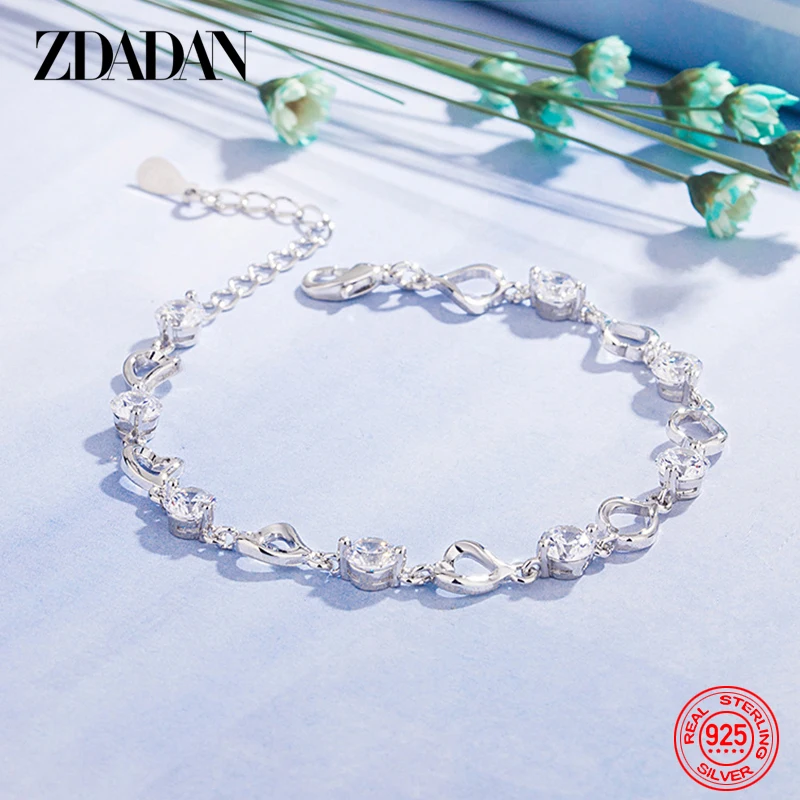 

ZDADAN 925 Sterling Silver White Crystal Heart Bracelet For Women Fashion Gift Wedding Jewelry