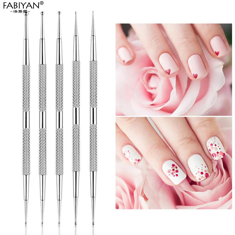 5PCS Nail Art Dotting Pen Dual End Stainless Steel Design Painting Picking Dot Rhinestones Crystal Gems Acrylic Manicure Tools