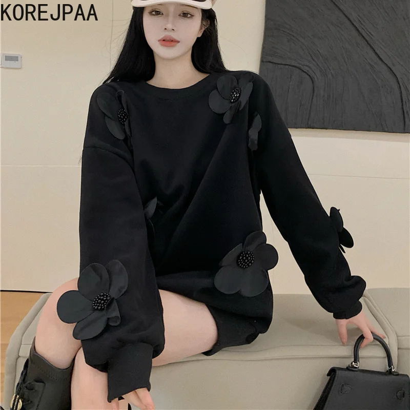 

Korejpaa Chic 3D Flowers Sweatshirt Women Autumn 2021 New Korea Casual Black Long Sleeve O-neck Pullover Outwear Loose Fashion