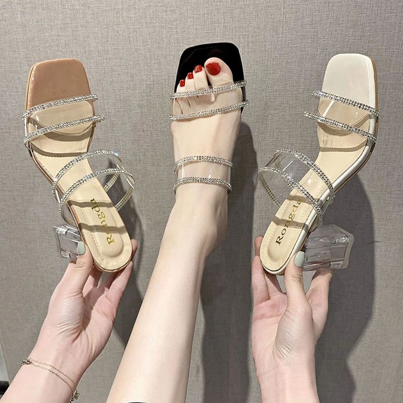 

Med Slippers Soft Women Luxury Shoes Slides Transparent Heel Pantofle Jelly Flip Flops Square heel Heeled Mules Comfort Designer
