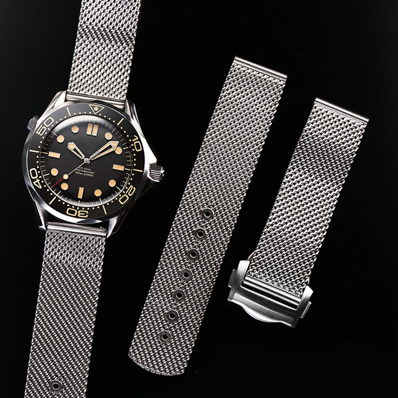 High Quality 316L Stainless Steel 19mm 20mm Watchband for Omega 007 James Bond Seamaster 300 Watch Strap Woven Metal Bracelets