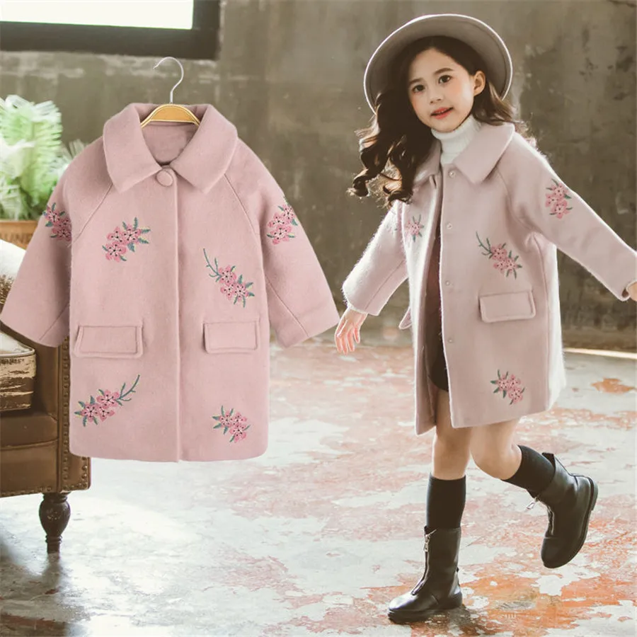 

Одежда для девочек, осень и зима 2020, новинка, детское модное плотное теплое шерстяное пальто с вышивкой средней длины, куртки на 4-12 лет