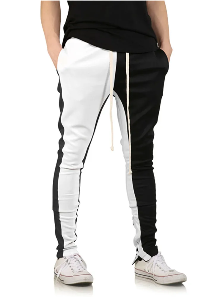 Black and white Мужские Slim Fit Пот Штаны Drawstring полосатый спортивный Штаны Цвет Блок Лоскутная Бег Брюки спортивные хип-хоп брюки повседневные штаны - Цвет: Black and white