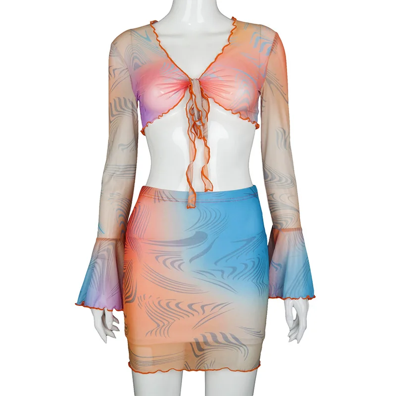 

2021 2 Pieces Set Autumn Winter Women Fashion Sexy Party Club Long Sleeve Vintage Print Bandage Mesh Tshirt Top Skirt Streetwear