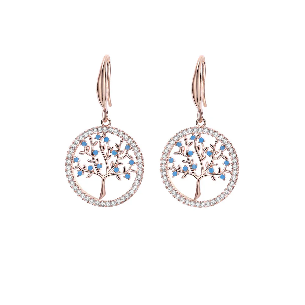 Rose Gold Color Изысканная мода кубического циркония полые Древо жизни Висячие серьги для Для женщин аксессуары комплект Серебряного цвета Mujer moda ювелирные изделия - Окраска металла: Rose Gold Color