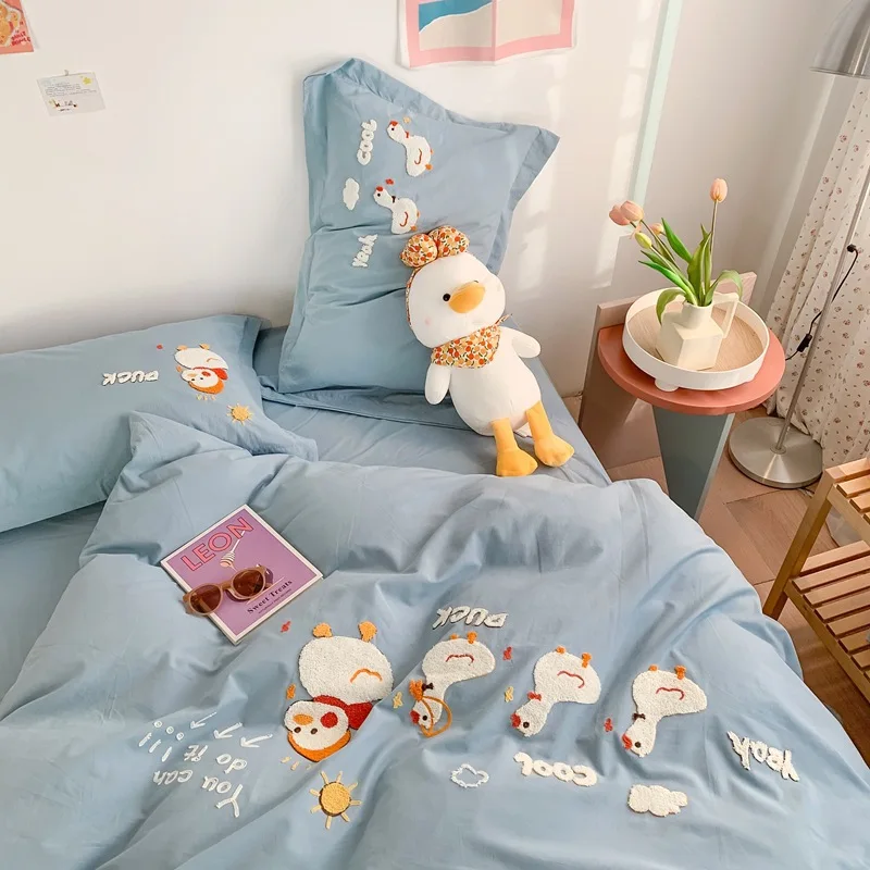 

Korea INS Animal Cartoon Embroidery Washed Cotton 4pcs Solid Color Home Bed Comforters Bed Sheet Bedclothes Sets for Girl