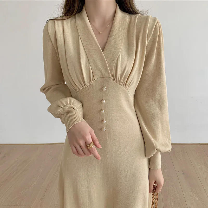 

V-Neck Long-Sleeved Knit Sweaters Dress 2021 Fall/Winter French Elegant Contrast Stitching Knitted Dress Vestido Casual De Mujer