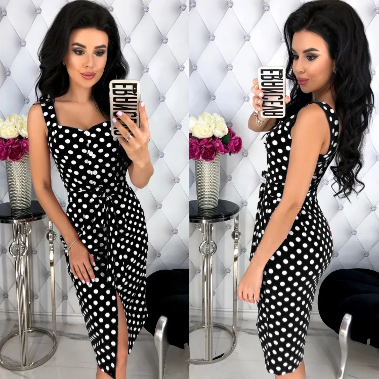 2019 сексуальное черное платье в горошек с бретельками на шее открытыми плечами
