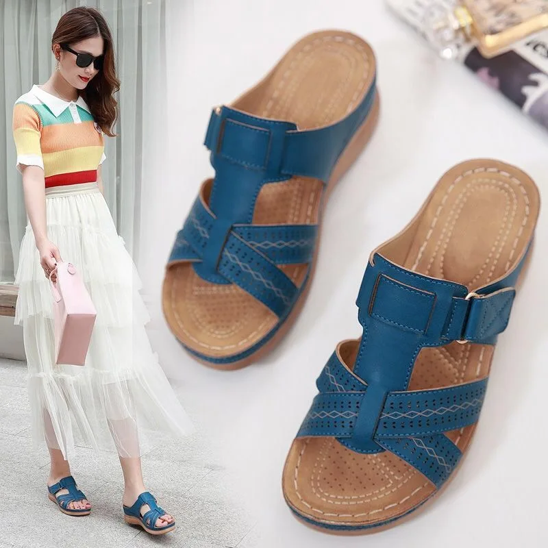 Brand Women Shoes Summer Ladies Casual Outdoor Beach Slides Sandals Leather Female Platform Retro Shoes plus size 35-43