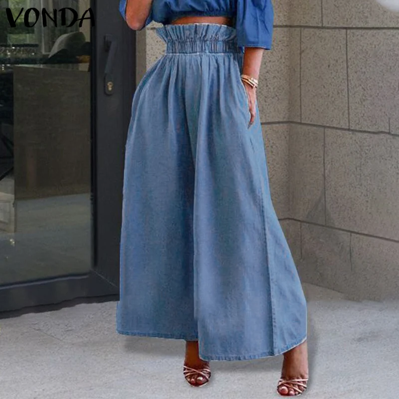 

Casual Loose High Waist Pant Women Wide Leg Pants 2021 VONDA Female Casual Trousers Denim Jeans Palazzo Pantalon Femme