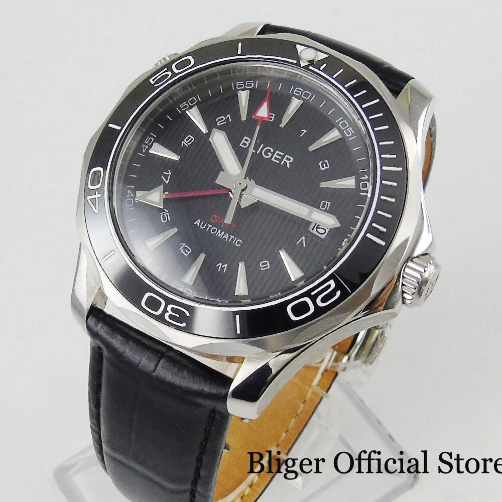 6 Models BLIGER 41mm Black Dial Date Window GMT Function Sapphire Glass Self Winding Men Wristwatch Leather Strap Ceramic Bezel | Наручные