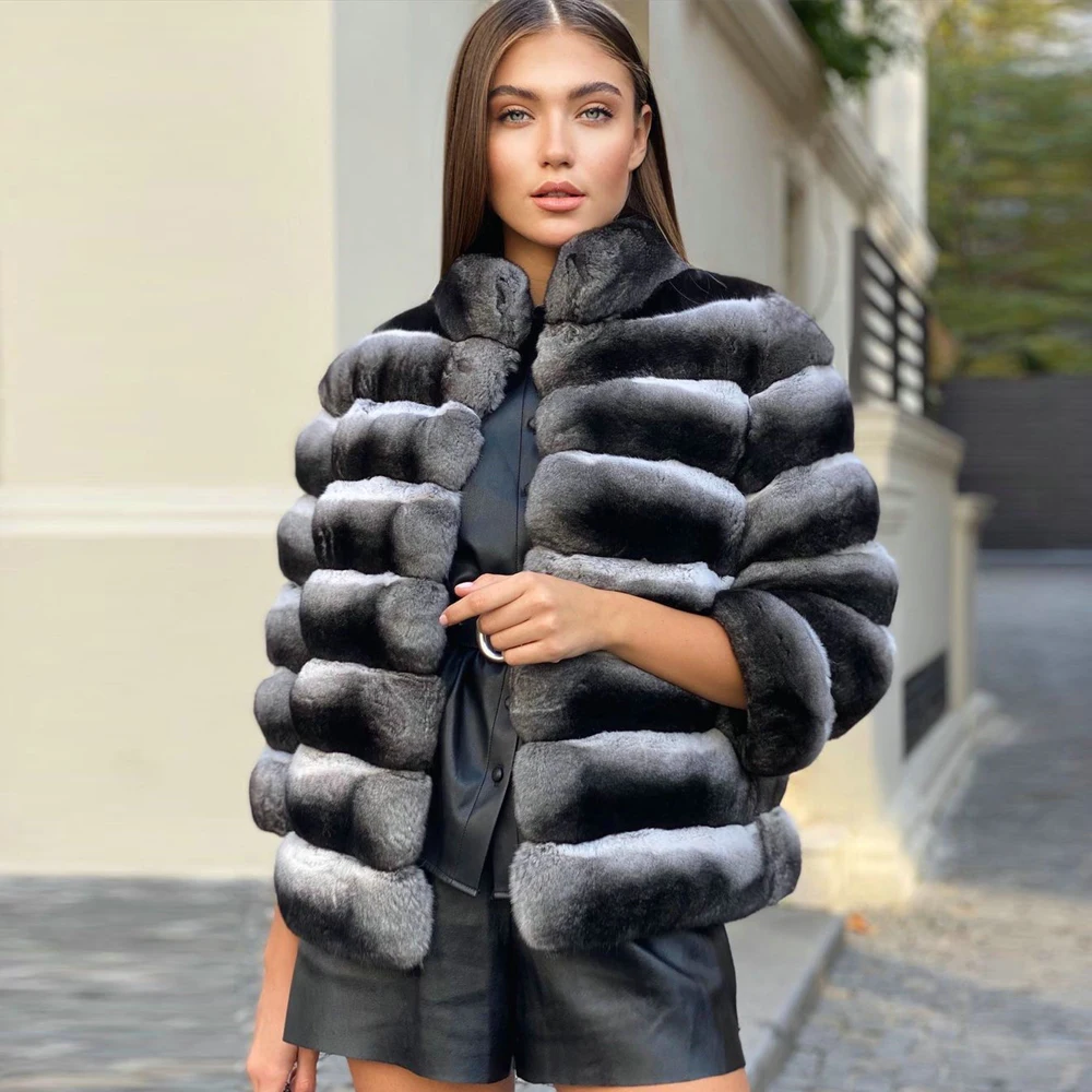 Natural Rex Rabbit Fur Jacket Stand Collar Women 2022 Winter New Whole Skin Genuine Chinchilla Color Rex Rabbit Fur Coat Outwear