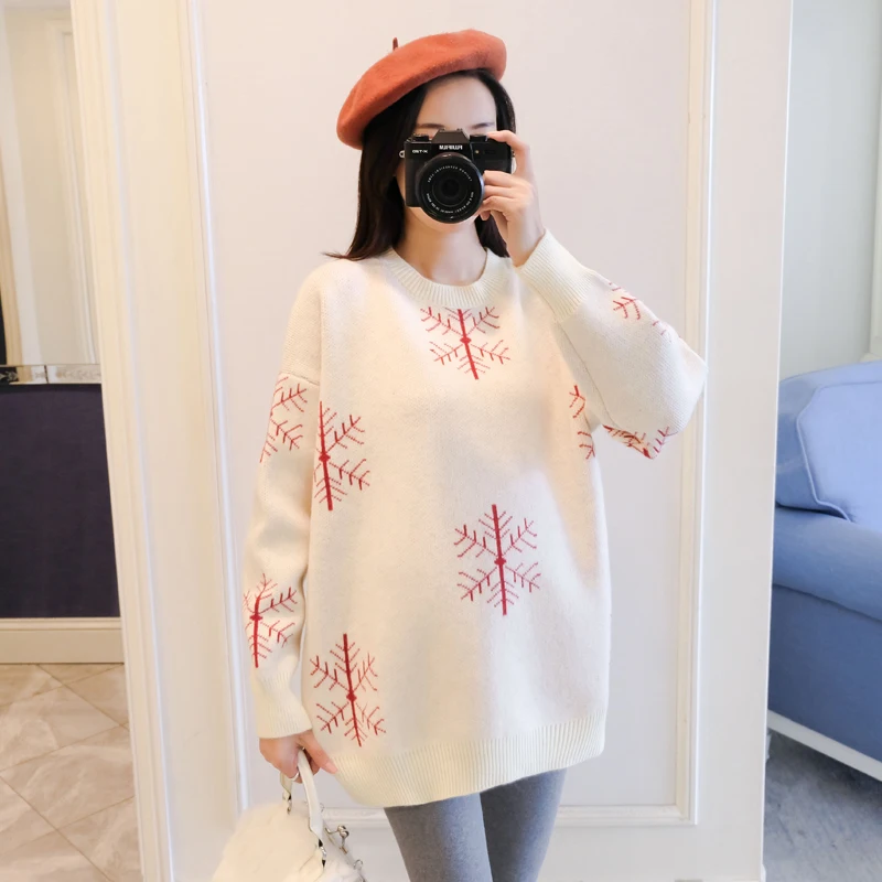 Бежевый 6077# Autumn Winter Large Size Loose Maternity Sweaters Thicken Pullovers Clothes for Pregnant Women Snow Pregnancy Clothing - Цвет: Бежевый