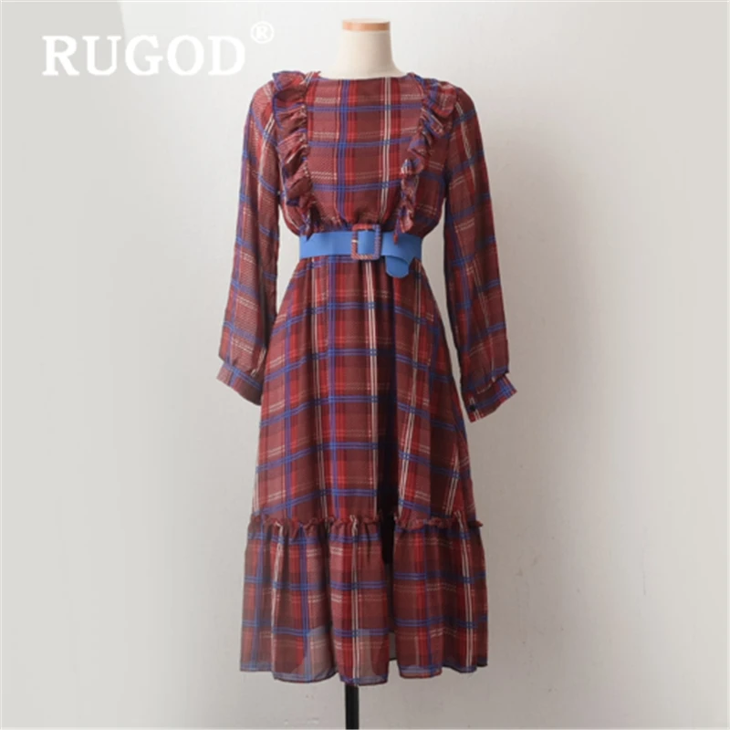 RUGOD корейское весеннее Новое клетчатое платье Женская мода круглый вырез офисное